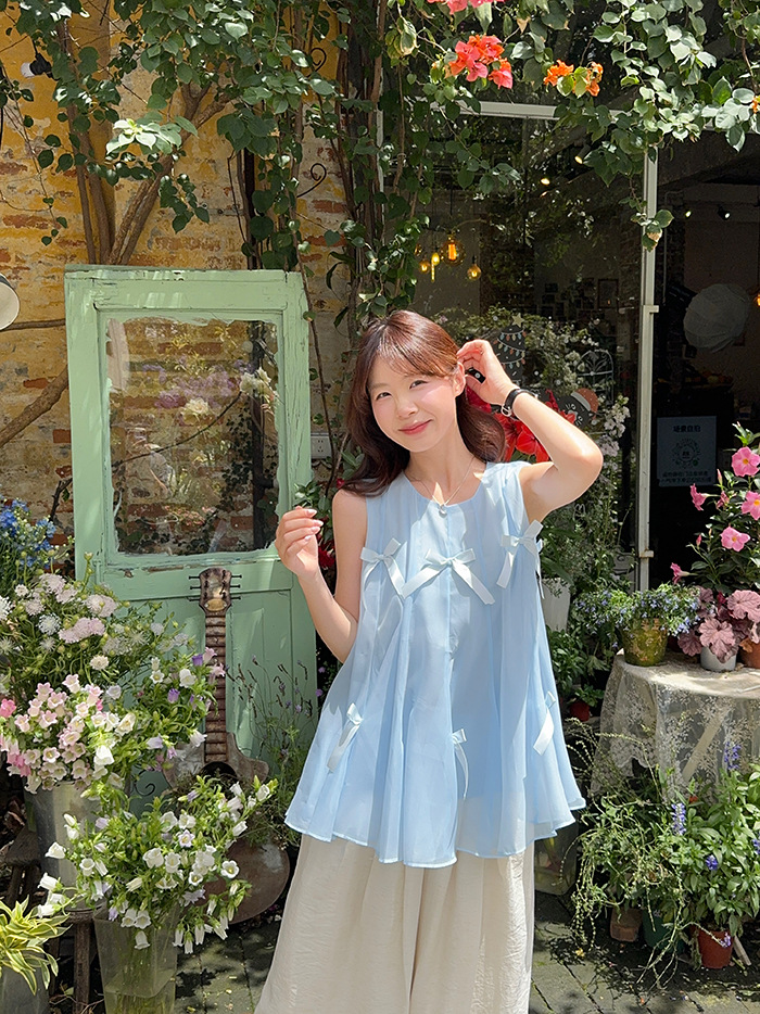 Real shot~ Summer heavy industry splicing bow vest sweet and cute age-reducing puffy sleeveless top - Image 6