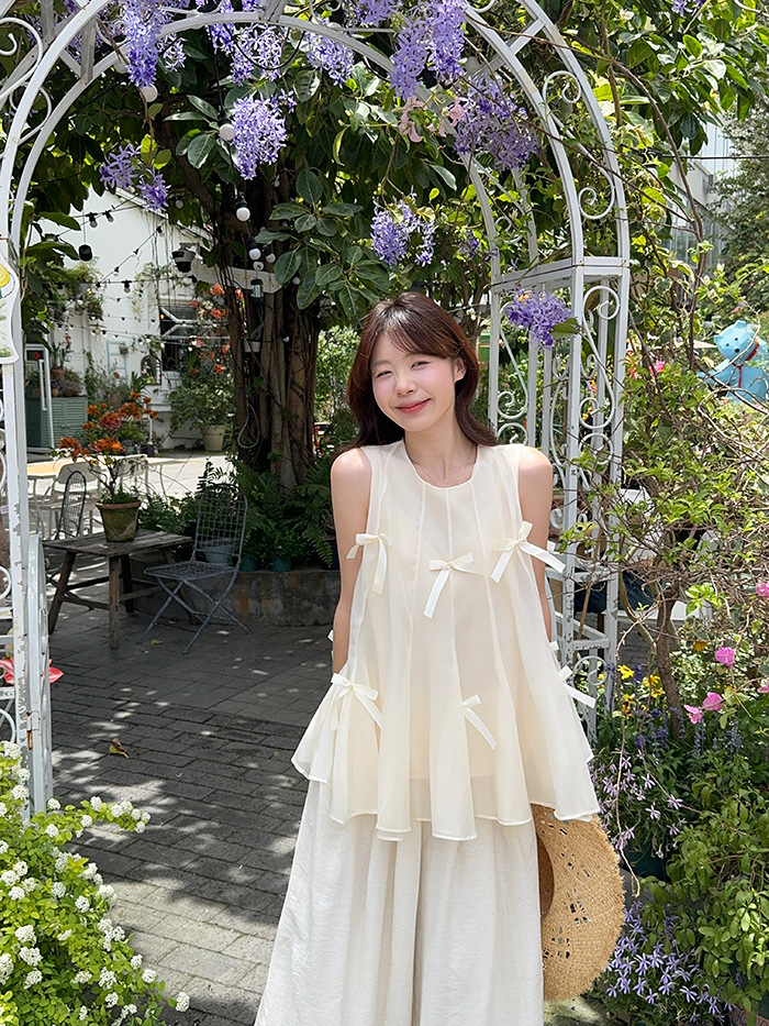 Real shot~ Summer heavy industry splicing bow vest sweet and cute age-reducing puffy sleeveless top - Image 7