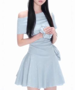 Gentle style short-sleeved dress, love lock full print off-shoulder design, summer waist-hugging and slim temperament skirt