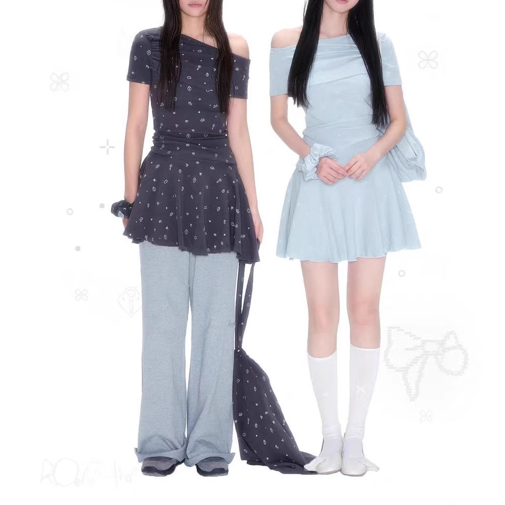 Gentle style short-sleeved dress, love lock full print off-shoulder design, summer waist-hugging and slim temperament skirt - Image 2