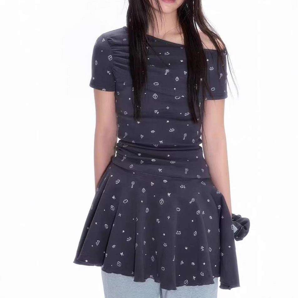 Gentle style short-sleeved dress, love lock full print off-shoulder design, summer waist-hugging and slim temperament skirt - Image 3