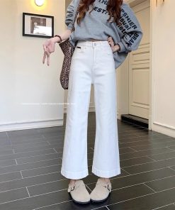 Real shot~ Spring elastic jeans for women with high waist loose and slim small nine-point wide-leg pants