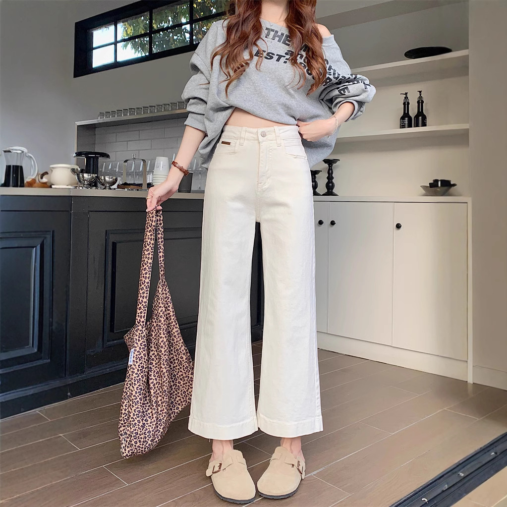 Real shot~ Spring elastic jeans for women with high waist loose and slim small nine-point wide-leg pants - Image 2