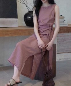 Eryang Design [Lewei] Linen round neck sleeveless dress for women with lace-up waist commuter versatile skirt