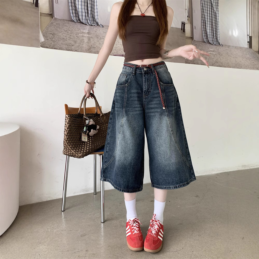 Real shot American retro press-line wide-leg jeans for women's summer high waist design loose pinch pants - Image 2