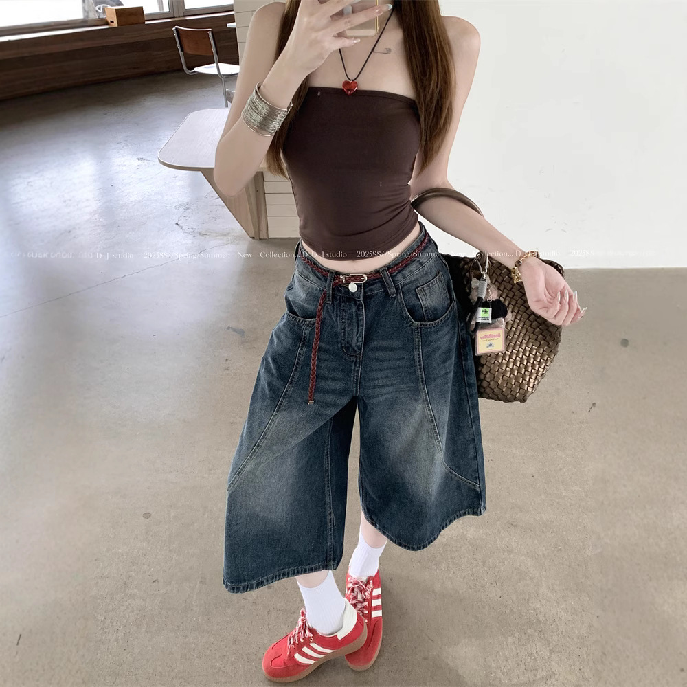 Real shot American retro press-line wide-leg jeans for women's summer high waist design loose pinch pants - Image 3