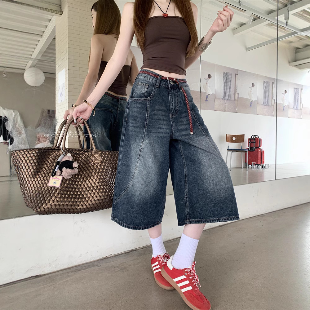 Real shot American retro press-line wide-leg jeans for women's summer high waist design loose pinch pants - Image 4