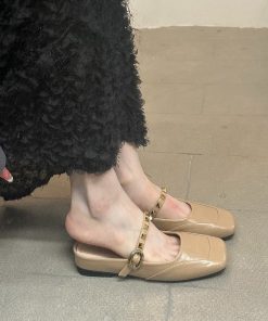 French niche design sense Baotou half slippers summer one-length strap rivet mules with skirt sandals