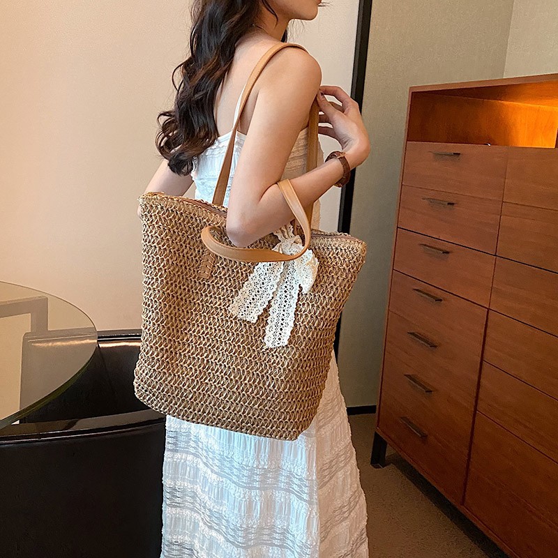 Hand-woven straw woven bag boho fashion shoulder bag women's beach vacation beach tote bag - Image 2