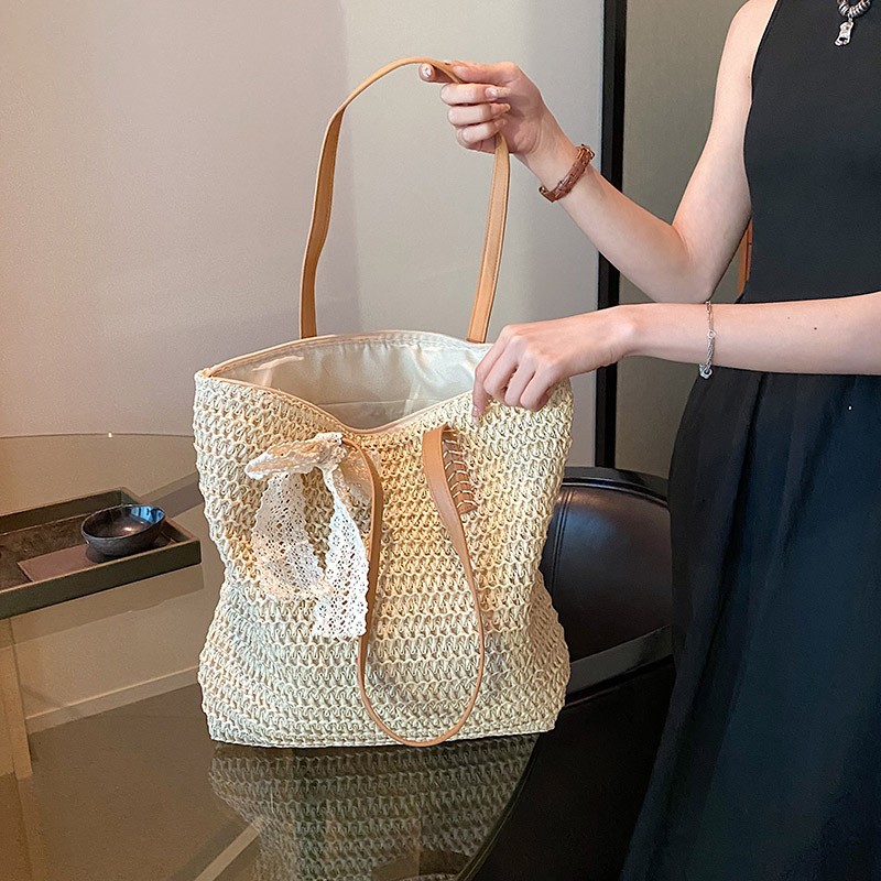 Hand-woven straw woven bag boho fashion shoulder bag women's beach vacation beach tote bag - Image 3