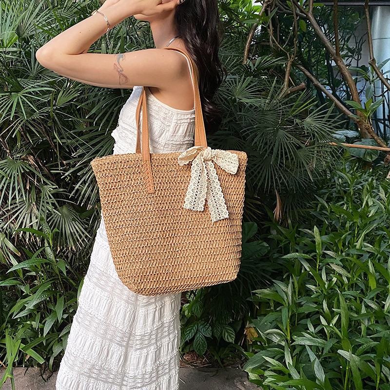 Hand-woven straw woven bag boho fashion shoulder bag women's beach vacation beach tote bag - Image 4