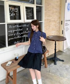 Real shot of retro blue grid design puff sleeve shirt for women in summer loose casual top