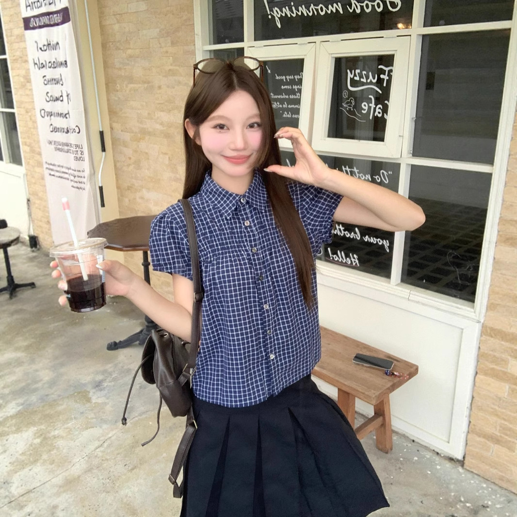 Real shot of retro blue grid design puff sleeve shirt for women in summer loose casual top - Image 2