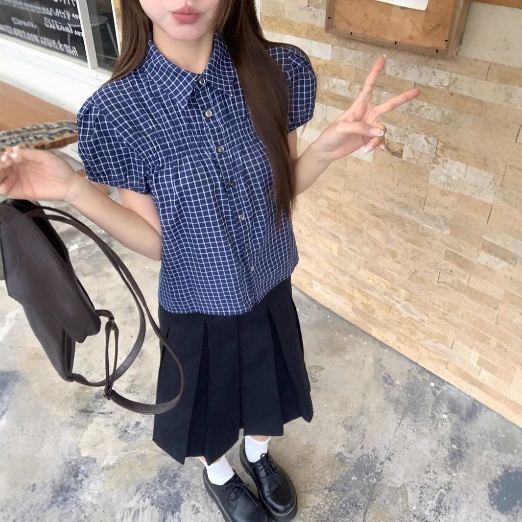 Real shot of retro blue grid design puff sleeve shirt for women in summer loose casual top - Image 4