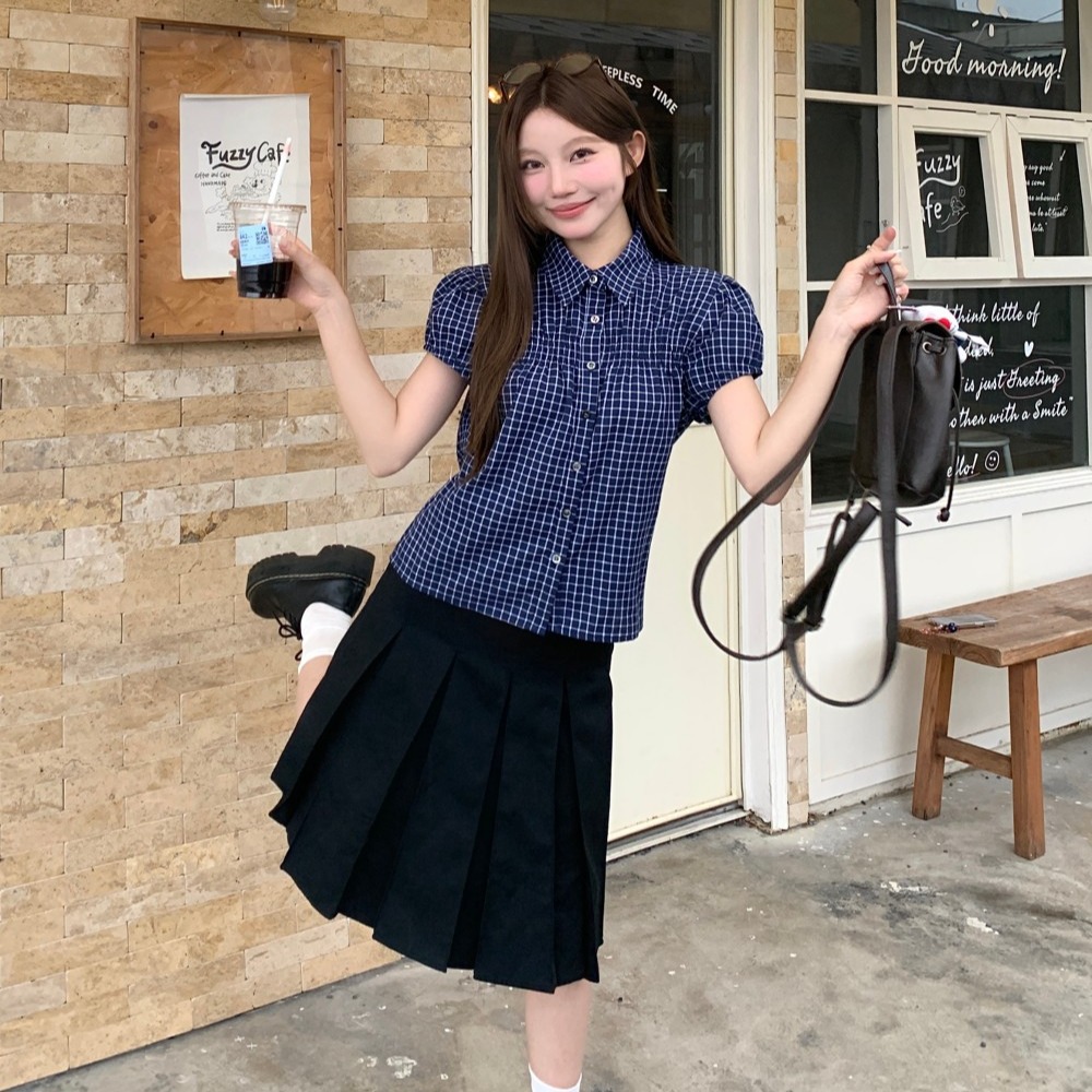 Real shot of retro blue grid design puff sleeve shirt for women in summer loose casual top - Image 5