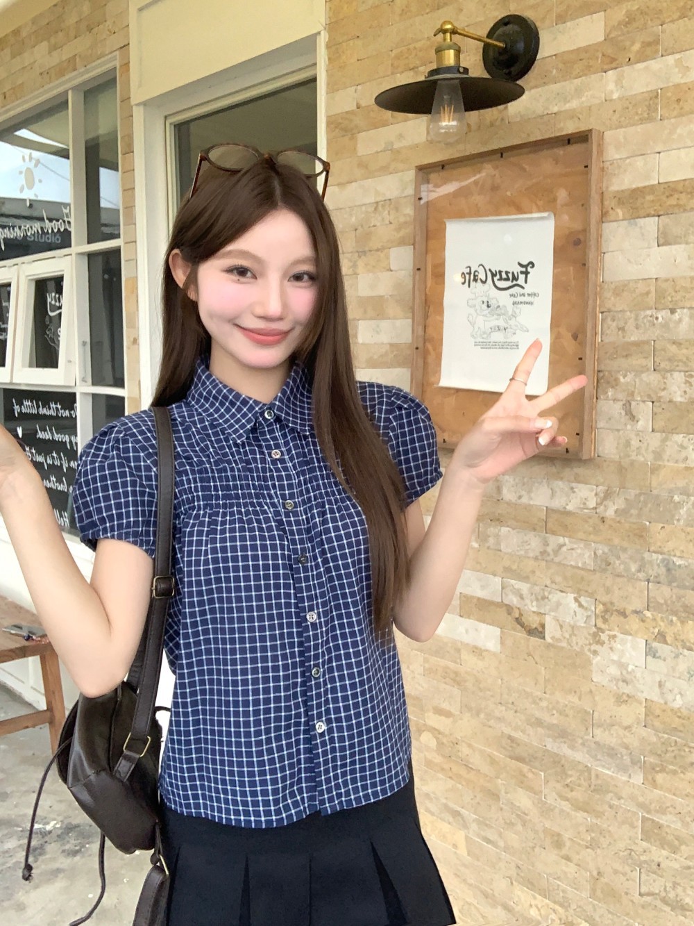 Real shot of retro blue grid design puff sleeve shirt for women in summer loose casual top - Image 7