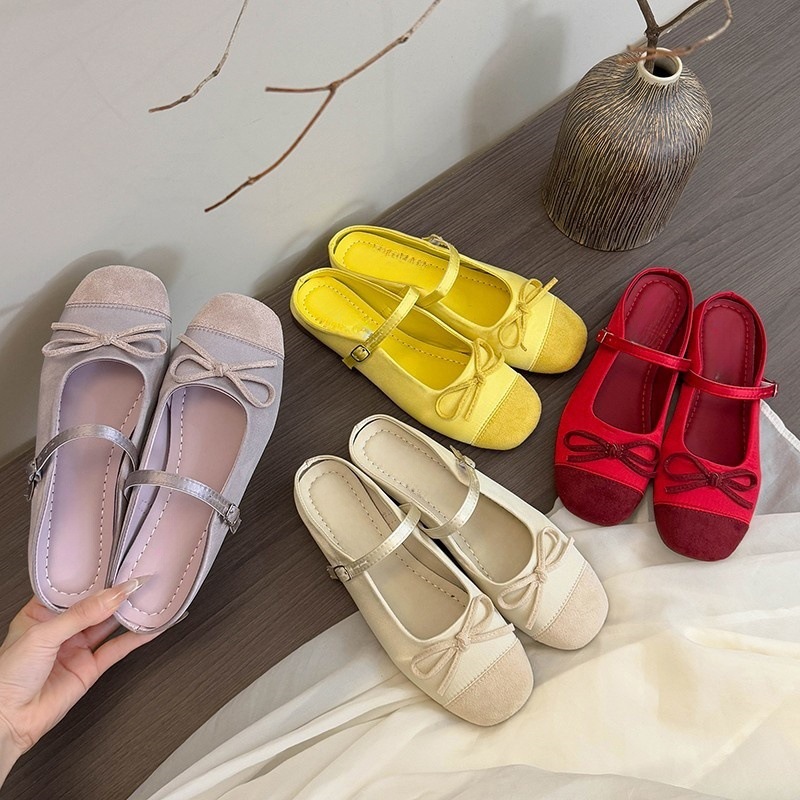 Gentle little red ballet style half-slippers for women with spring and summer bows retro Mary Jade shoes
