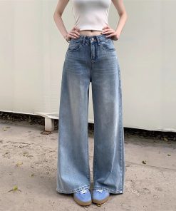 Real shot~Retro wash wide-leg jeans for women with niche design, loose high waist floor trousers