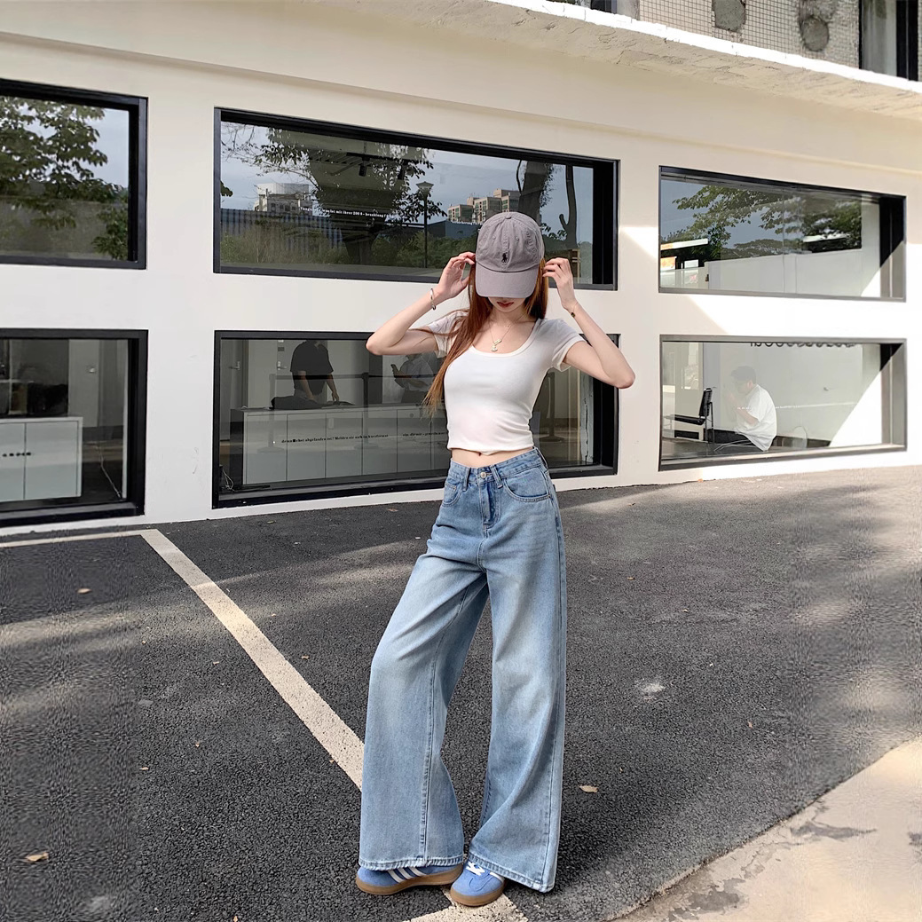 Real shot~Retro wash wide-leg jeans for women with niche design, loose high waist floor trousers - Image 4
