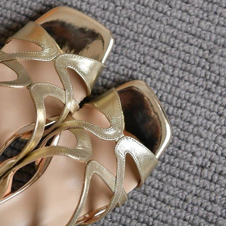 Fairy style golden square-toe open-toed sandals for women's back tripping hollow shoes for summer high heels simple - Image 4
