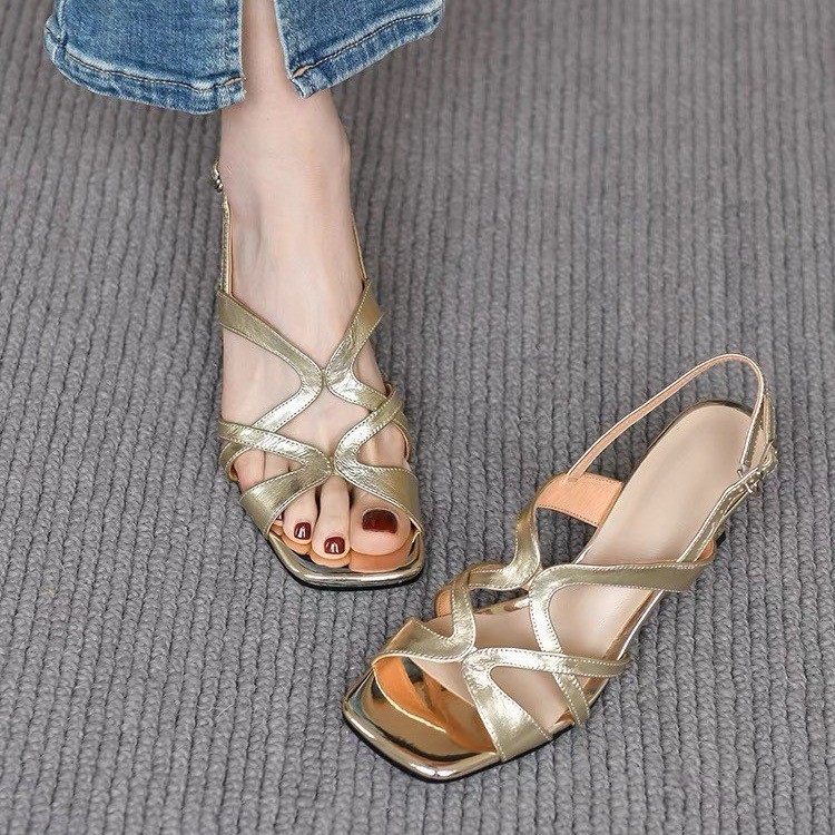 Fairy style golden square-toe open-toed sandals for women's back tripping hollow shoes for summer high heels simple - Image 9