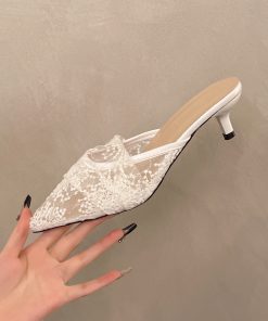 French mesh breathable half-slippers for women in summer wear with skirt sandals pointed toe low-heeled sandals