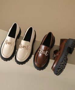 Large size women's shoes British style black retro leather shoes spring and autumn shoes thick sole single shoes