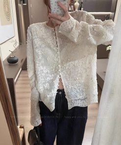 Real-life spring heavy industry embroidery flash film three-dimensional lace shirt French new Chinese top