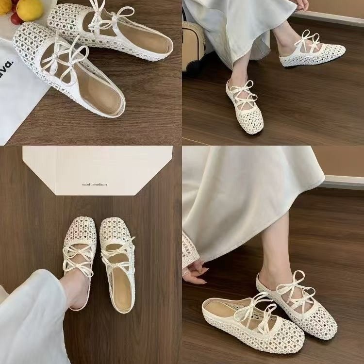 Baotou half-tug empty women's shoes wearing summer beach slippers French bow-tight high-enhancing shoes single shoes - Image 2