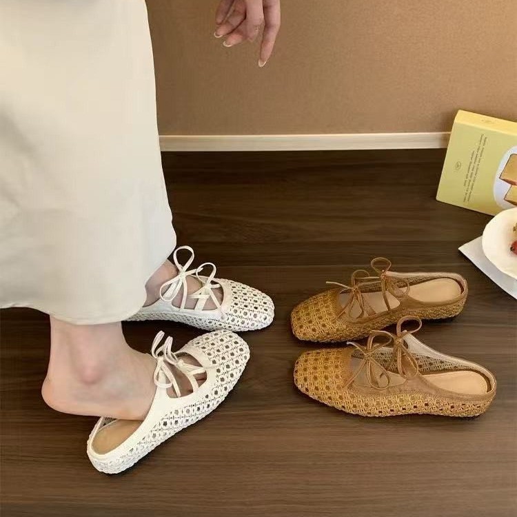 Baotou half-tug empty women's shoes wearing summer beach slippers French bow-tight high-enhancing shoes single shoes - Image 3