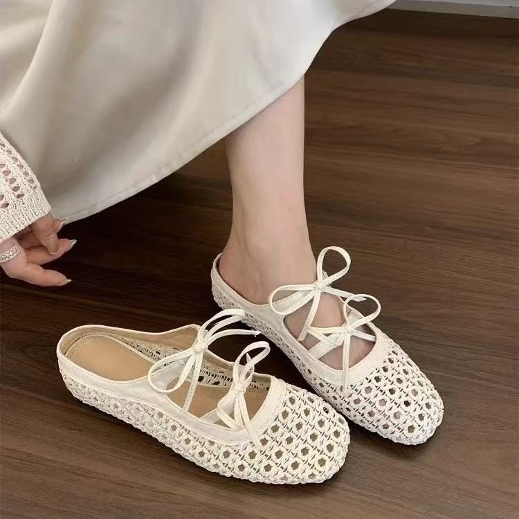 Baotou half-tug empty women's shoes wearing summer beach slippers French bow-tight high-enhancing shoes single shoes - Image 4