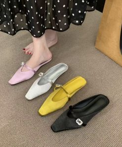 Spring and summer women's shoes fashionable satin rhinestone square-toe slippers for women flat heel bag half-slippers for women