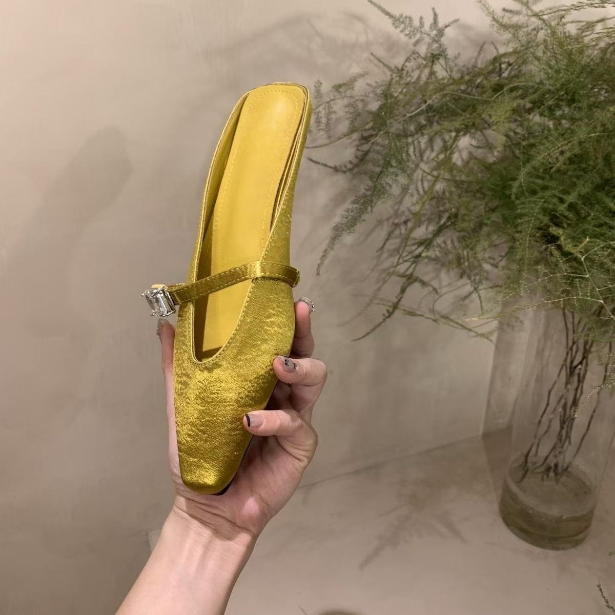 Spring and summer women's shoes fashionable satin rhinestone square-toe slippers for women flat heel bag half-slippers for women - Image 12