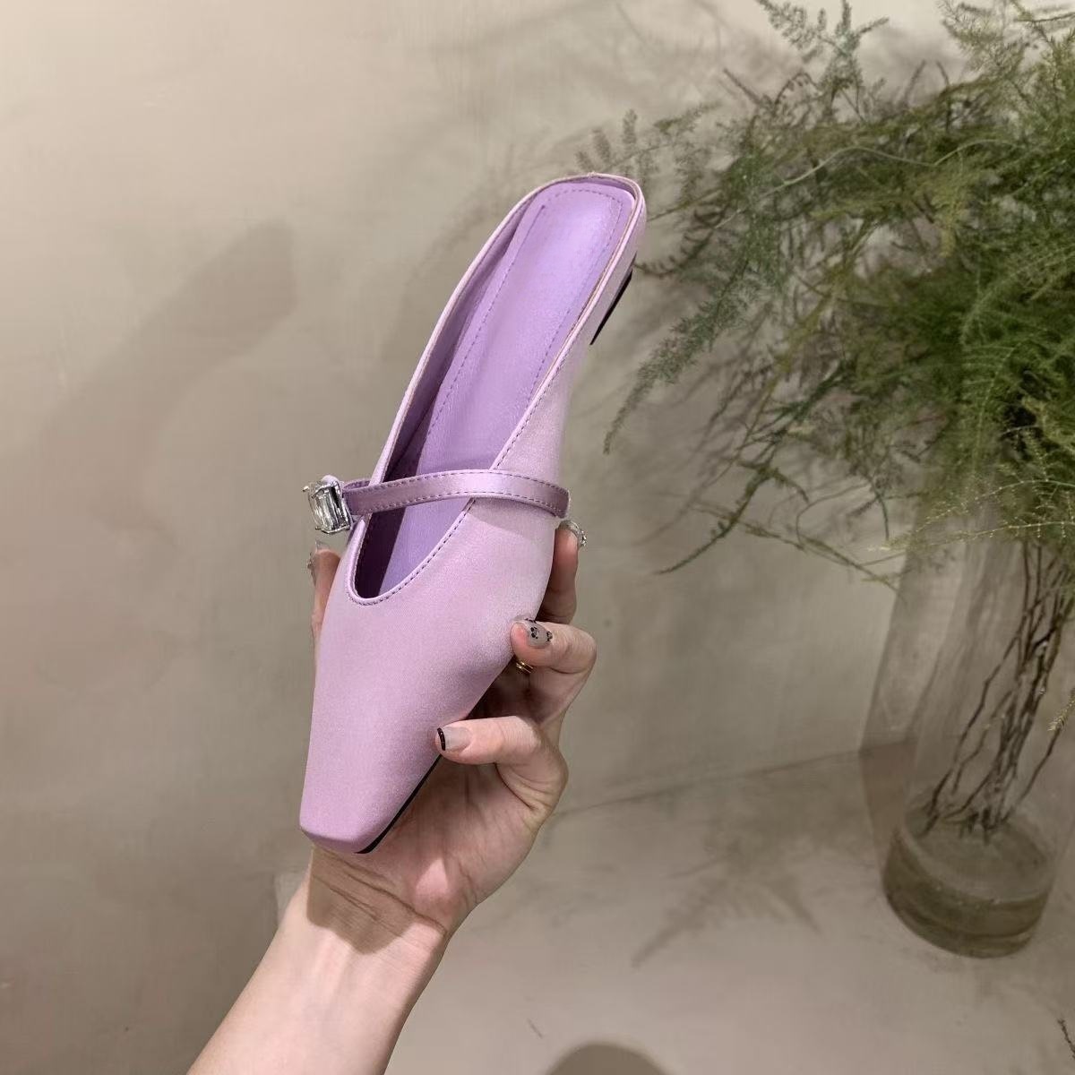 Spring and summer women's shoes fashionable satin rhinestone square-toe slippers for women flat heel bag half-slippers for women - Image 3