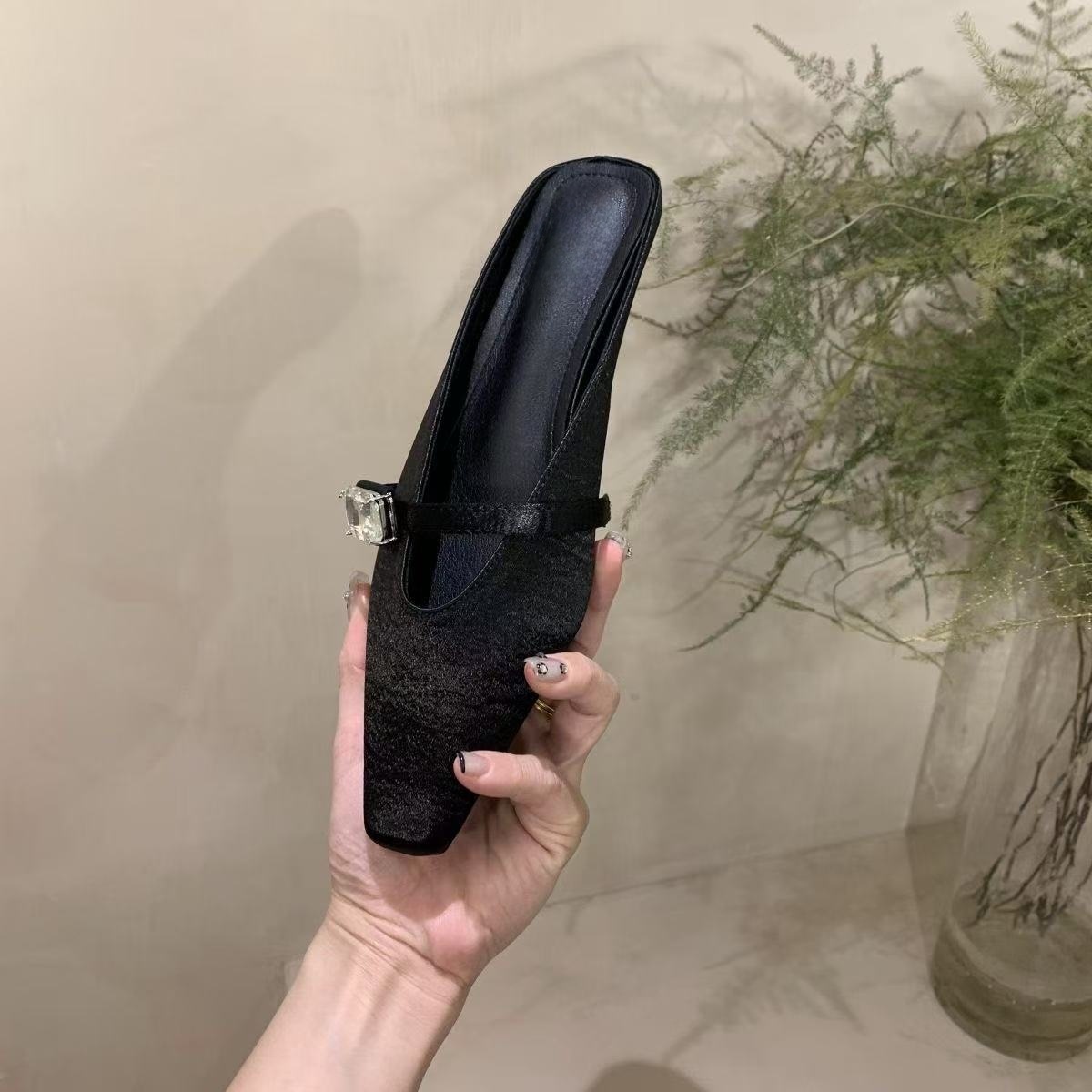 Spring and summer women's shoes fashionable satin rhinestone square-toe slippers for women flat heel bag half-slippers for women - Image 10