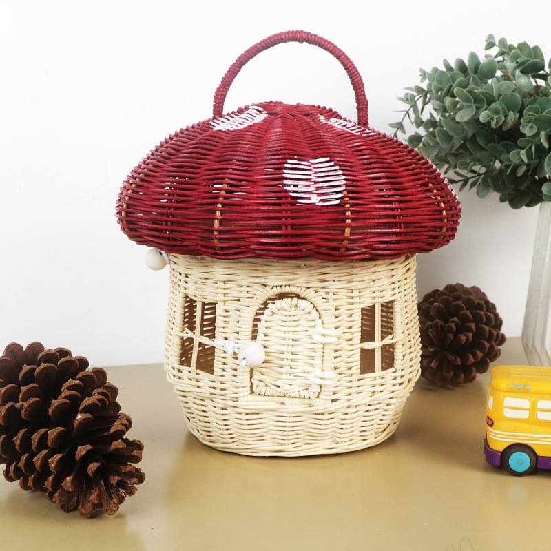 Free shipping acorn handbag handbag handmade rattan mushroom storage box children's toy basket woven storage basket photography props - Image 9