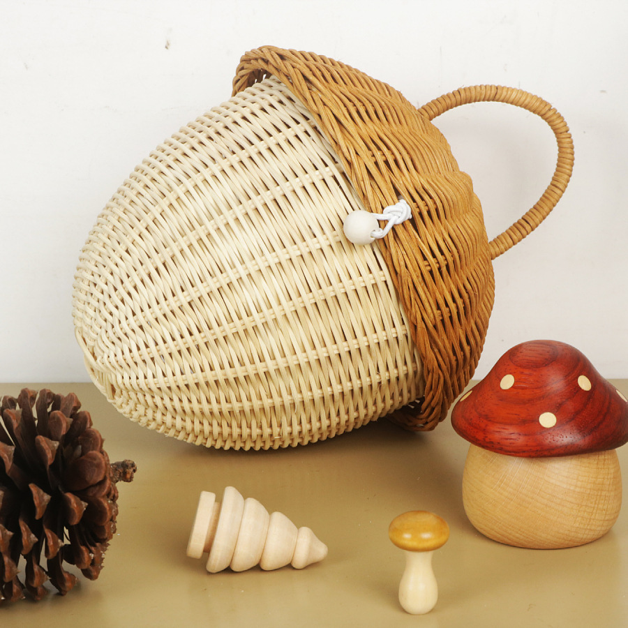 Free shipping acorn handbag handbag handmade rattan mushroom storage box children's toy basket woven storage basket photography props - Image 2