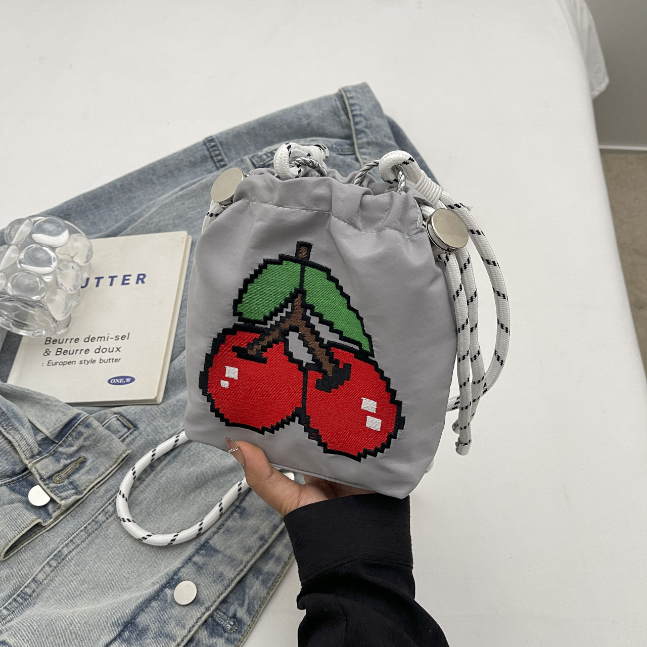 Contrasting color versatile cloth bag women's crossbody bag summer super popular niche embroidery bucket bag - Image 14