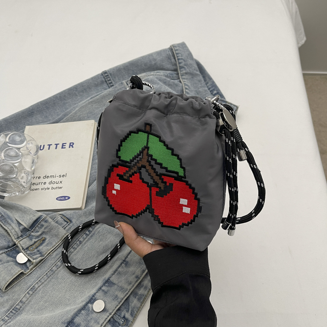 Contrasting color versatile cloth bag women's crossbody bag summer super popular niche embroidery bucket bag - Image 15