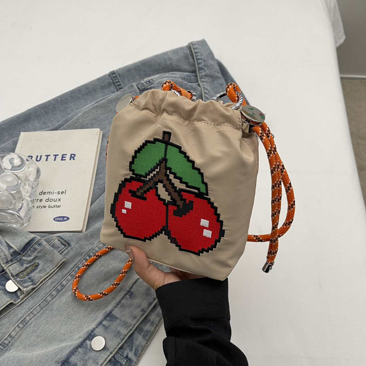 Contrasting color versatile cloth bag women's crossbody bag summer super popular niche embroidery bucket bag - Image 6