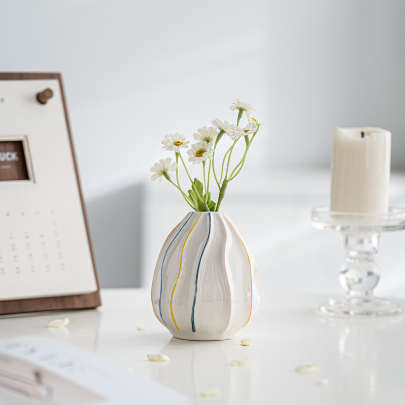 Style hand-painted striped ceramic small vase fresh and simple flower arrangement high-end home decoration - Image 7