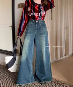 Real shot of autumn and winter retro nostalgic loose wide-leg casual pants for women with rosy big trousers legs denim floor trousers