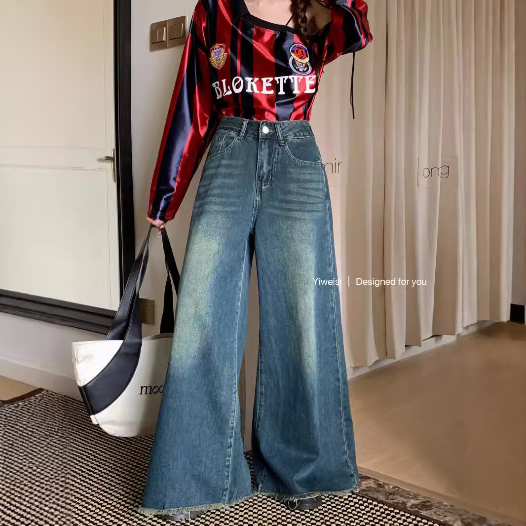 Real shot of autumn and winter retro nostalgic loose wide-leg casual pants for women with rosy big trousers legs denim floor trousers