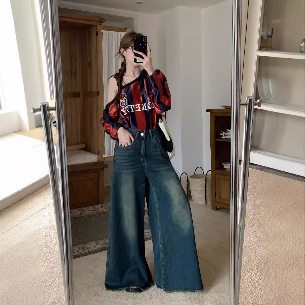 Real shot of autumn and winter retro nostalgic loose wide-leg casual pants for women with rosy big trousers legs denim floor trousers - Image 2