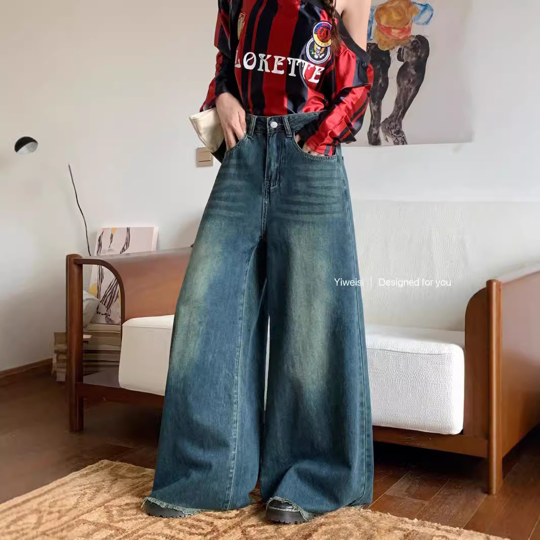 Real shot of autumn and winter retro nostalgic loose wide-leg casual pants for women with rosy big trousers legs denim floor trousers - Image 3
