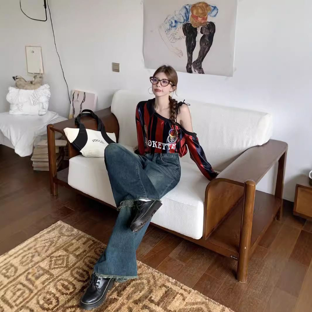 Real shot of autumn and winter retro nostalgic loose wide-leg casual pants for women with rosy big trousers legs denim floor trousers - Image 4