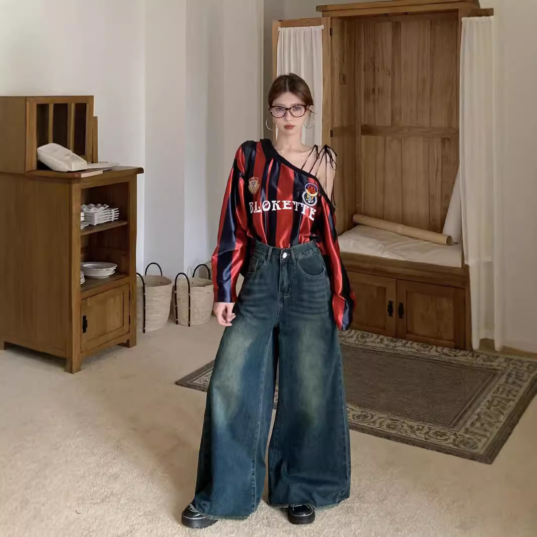 Real shot of autumn and winter retro nostalgic loose wide-leg casual pants for women with rosy big trousers legs denim floor trousers - Image 5