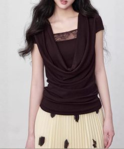 Yuzhi Temperament short-sleeved shirt for summer elastic slim fit wrinkled waist-slimming top for women