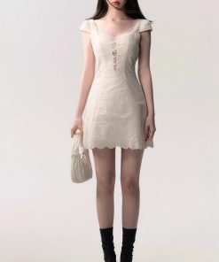 / "Pulsive Time" cream white simple slim lace splicing dress for women in summer texture
