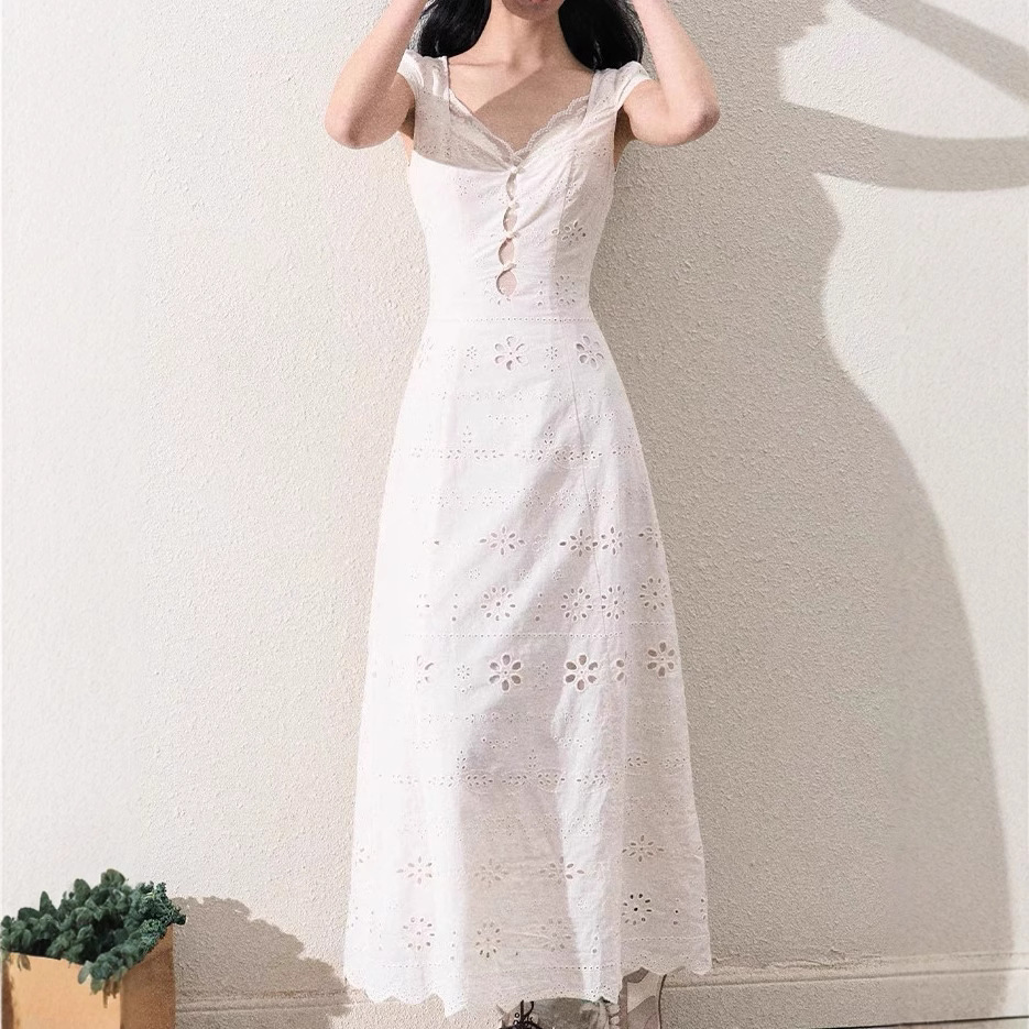 / "Pulsive Time" cream white simple slim lace splicing dress for women in summer texture - Image 4